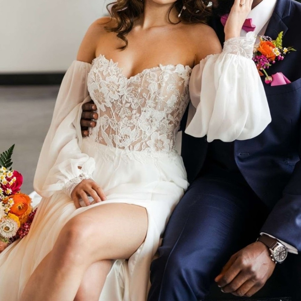 Lillian West Wedding Gown‎ Off the Shoulder Style 66228 With Slit Ethereal Boho - Picture 7 of 16